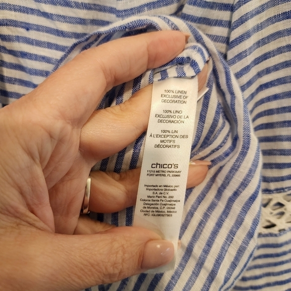 Chico's Blue White Striped Bell Sleeve Linen Blouse Top Crochet Boho Sz 1 Small - Picture 5 of 10